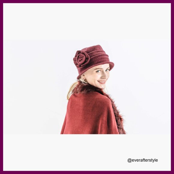 Wool Blend Vintage Winter Cloche Bucket Hat with Flower Accent